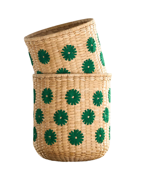 Lita Woven Banana Bark Embroidered Floral Baskets, Set of 2