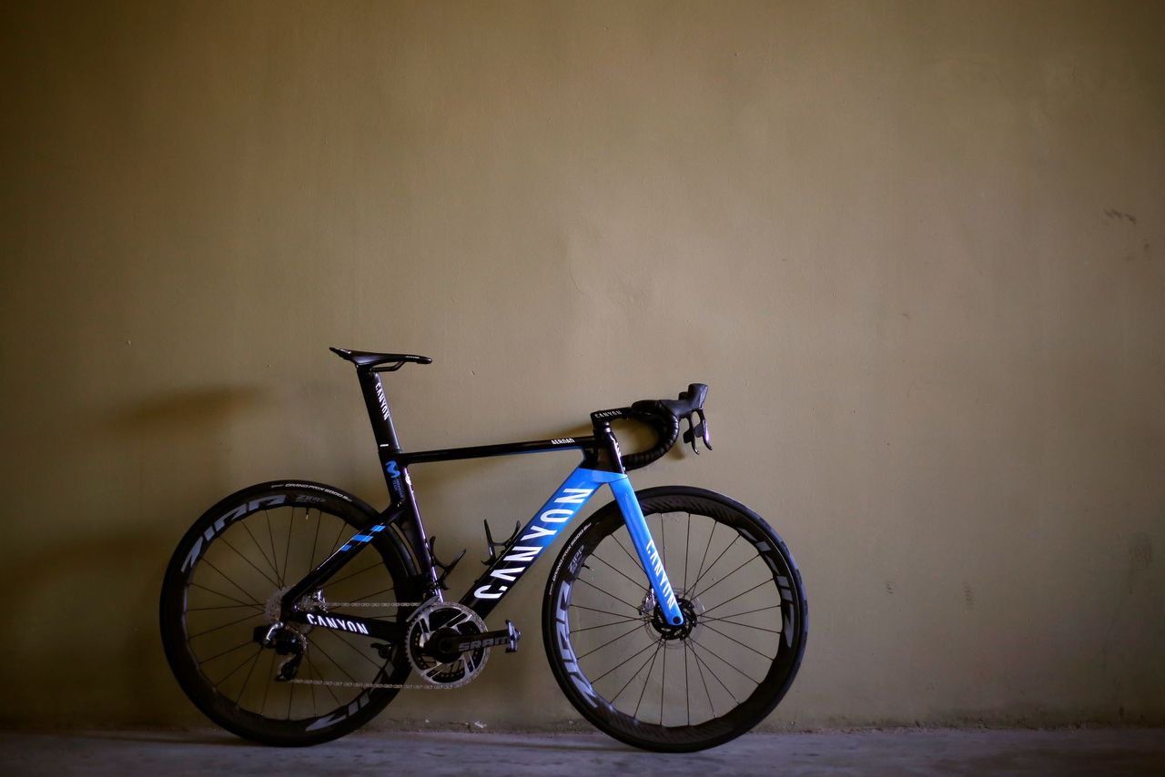 A Canyon bike painted in the colours of the Movistar team