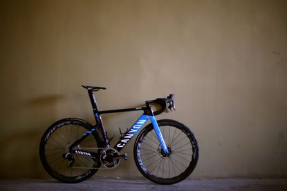 A Canyon bike painted in the colours of the Movistar team