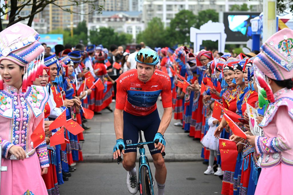 YIZHOU CHINA OCTOBER 19 Max Kanter of Germany and Astana Qazaqstan Team Red Leader Jersey prior to the 5th GreeTour Of Guangxi 2024 Stage 5 a 1658km stage from Yizhou to Nongla 641m UCIWT on October 19 2024 in Yizhou China Photo by Dario BelingheriGetty Images