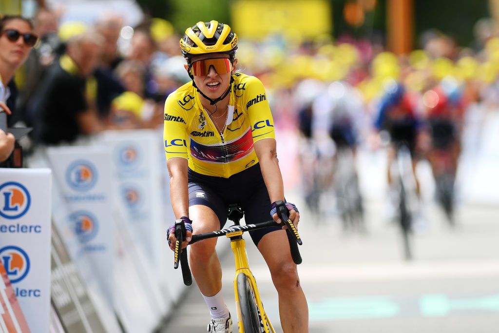 LE GRAND BORNAND FRANCE AUGUST 17 Katarzyna Niewiadoma of Poland and Team CanyonSRAM Racing Yellow leader jersey crosses the finish line during the 3rd Tour de France Femmes 2024 Stage 7 a 1664km stage from Champagnole to Le Grand Bornand 1265m UCIWWT on August 17 2024 in Le Grand Bornand France Photo by Alex BroadwayGetty Images