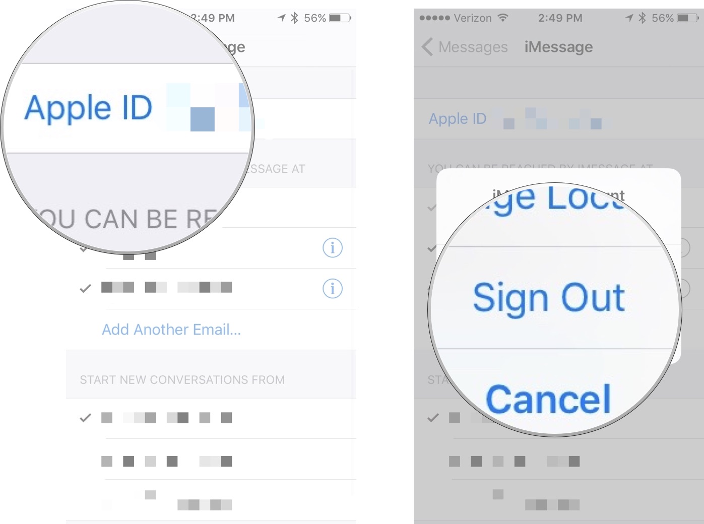 Change iMessage Apple ID, showing how to tap the Apple ID at the top of the screen, then tap Sign Out