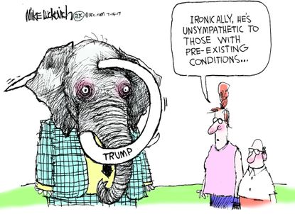 Political cartoon U.S. Trump GOP health-care bill sympathy pre-existing conditions