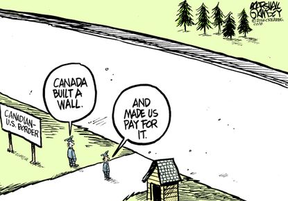 Political cartoon U.S. 2016 election Donald Trump Canada built wall