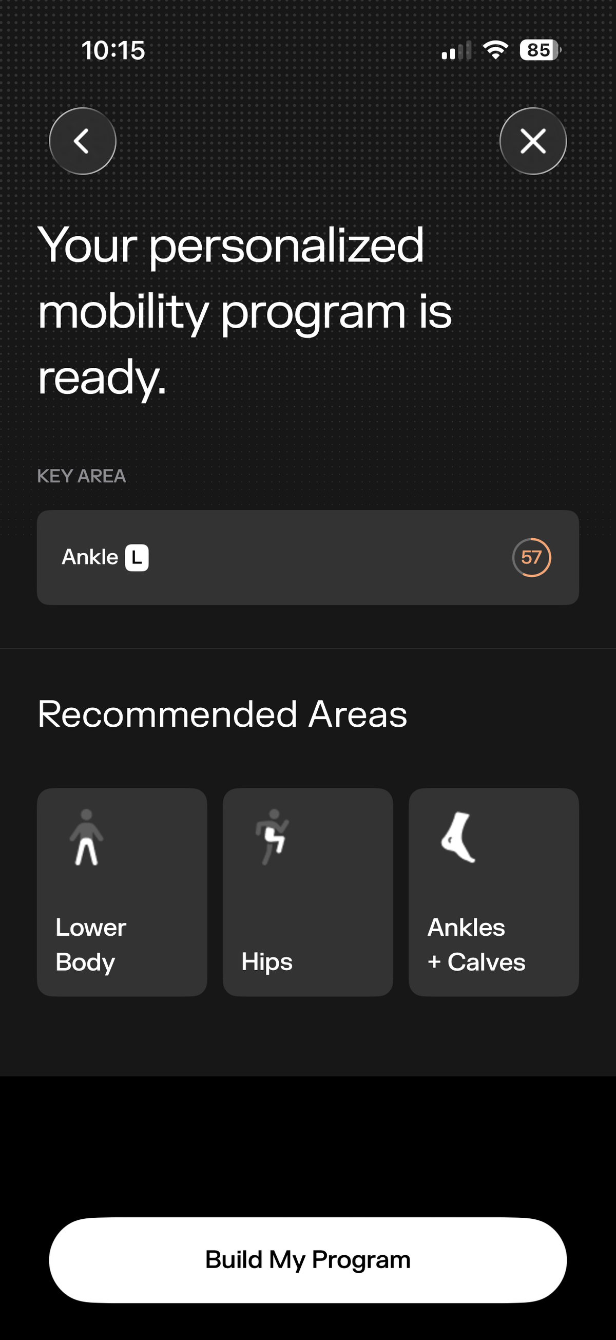 Pliability app mobility test results in-app