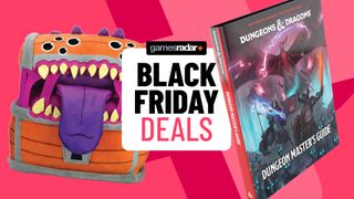 Dungeon Master's Guide 2024 alongside a plush Mimic, both on either side of a 'Black Friday deals' badge