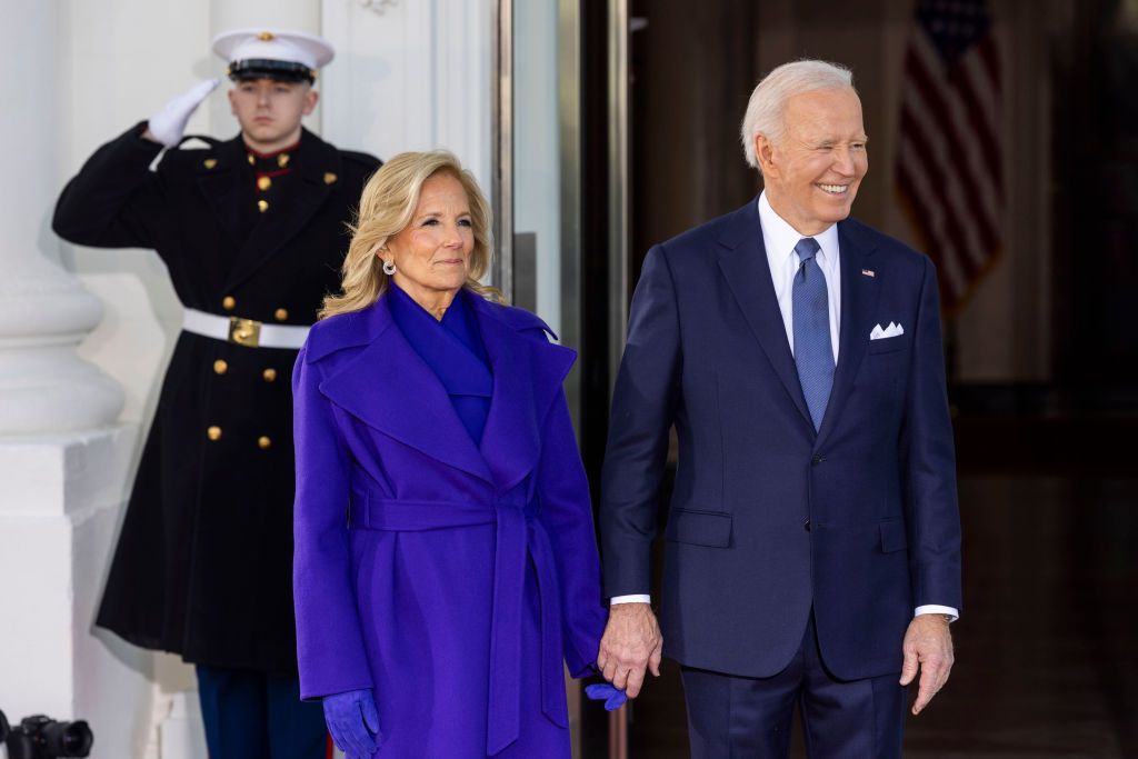 U.S. President Joe Biden, right, and First Lady Jill Biden prepare to greet Vice President Kamala Harris and Second Gentleman Doug Emhoff, not pictured, at the North Portico of the White House ahead of the 60th presidential inauguration in Washington, DC, US, on Monday, Jan. 20, 2025. Donald Trump's Monday swearing-in marks just the second time in US history that a president lost the office and managed to return to power - a comeback cementing his place within the Republican Party as an enduring, transformational figure rather than a one-term aberration. Photographer: Jim Lo Scalzo/EPA/Bloomberg via Getty Images