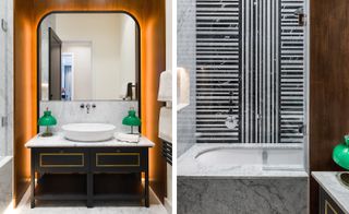 The photo on the left shows a bathroom sink area. Black cabinets with gold detail, on which sits a white marble countertop with a white sink and two green lamps. Above is a huge oval mirror. The photo to the right shows a detail of the bathtub in grey marble and black and grey tiles above the bathtub.