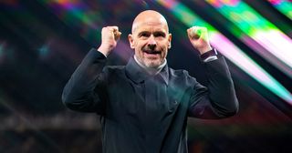 Manchester United manager Erik ten Hag celebrates victory after the UEFA Europa League knockout round play-off leg two match between Manchester United and FC Barcelona at Old Trafford on February 23, 2023 in Manchester, England.