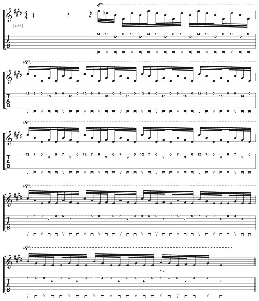 Example 3: The best way to approach this monster lick is to break it down into manageable one- bar chunks. Remember, Brad is master of this technique so it may take you a while to reach his speeds. Start slowly and work on maintaining accuracy.