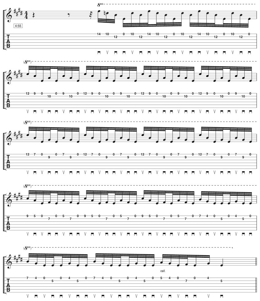 Example 3: The best way to approach this monster lick is to break it down into manageable one- bar chunks. Remember, Brad is master of this technique so it may take you a while to reach his speeds. Start slowly and work on maintaining accuracy.