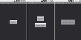 Our AndroidTest project in action! It’s nothing more than a screen that shows/hides a button, which then displays a new activity
