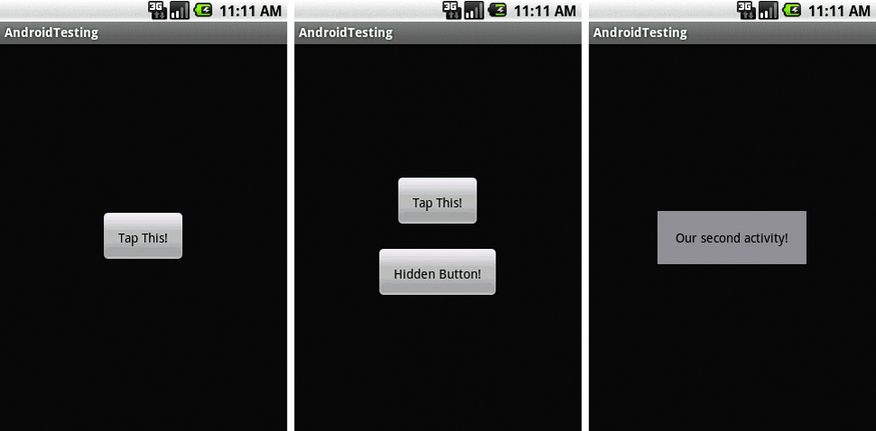 Our AndroidTest project in action! It’s nothing more than a screen that shows/hides a button, which then displays a new activity