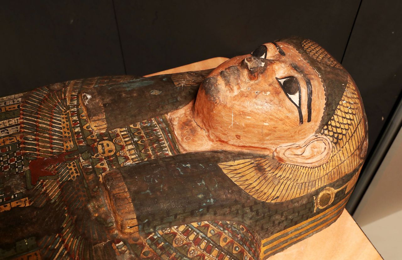 The mummy case for Takabuti, a young woman who was murdered with a knife.