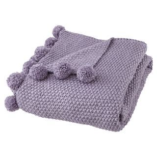 knitted purple colour woollen blanket with handmade pom-poms