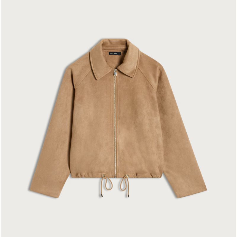 Faux Suede Zip Up Drawstring Jacket in Brown,