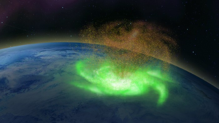 Künstlerisches Konzept eines Weltraum-Hurrikans, der Plasma hoch über den Nordpol schüttet.