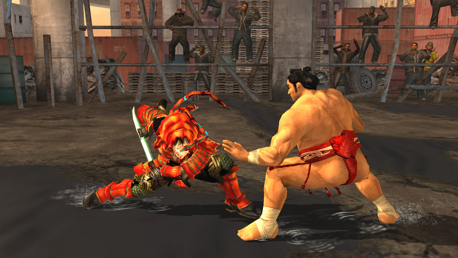 best PSP games: Tekken character Yoshimitsu in Samurai armour about to swipe at sumoka Ganryu