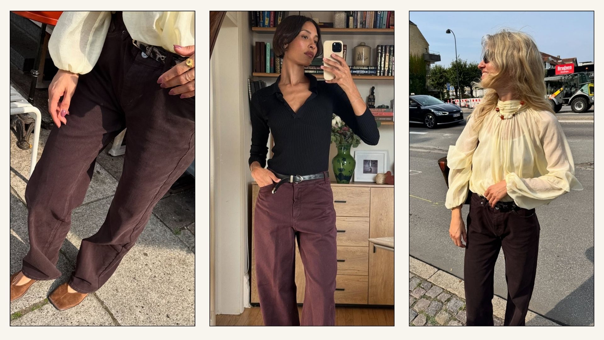 Influencers @tylynn and @josephinebredsted wear burgundy jeans with blouses and knits.