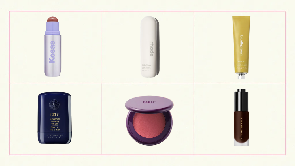 Collage of summer makeup products.
