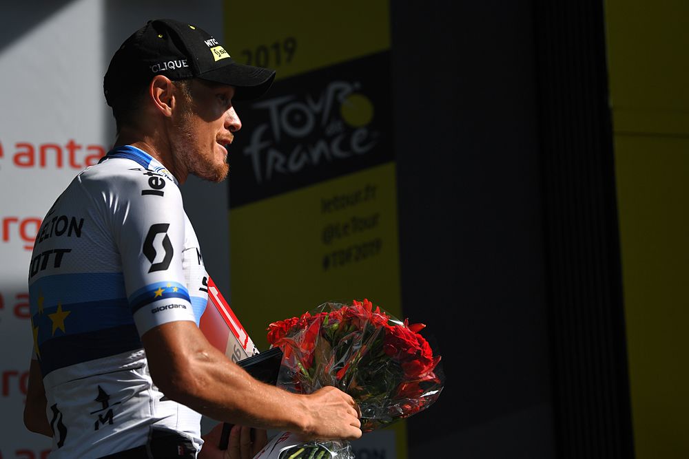 Matteo Trentin (Mitchelton-Scott) celebrates a solo victory on stage 17 at the Tour de France