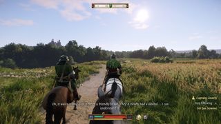 Riding on horseback through fields with companions in Kingdom Come: Deliverance 2