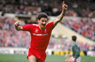 Ian Rush celebrates after scoring for Liverpool against Everton in the 1986 FA Cup final