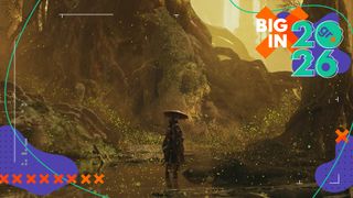 Emma stands alone in key art for Beast of Reincarnation among huge trees in a forest, with the GamesRadar+ Big in 2026 frame