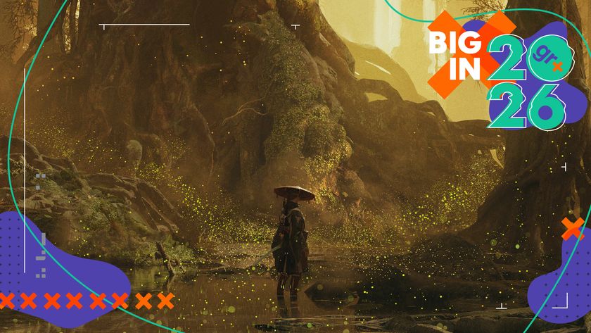 Emma stands alone in key art for Beast of Reincarnation among huge trees in a forest, with the GamesRadar+ Big in 2026 frame
