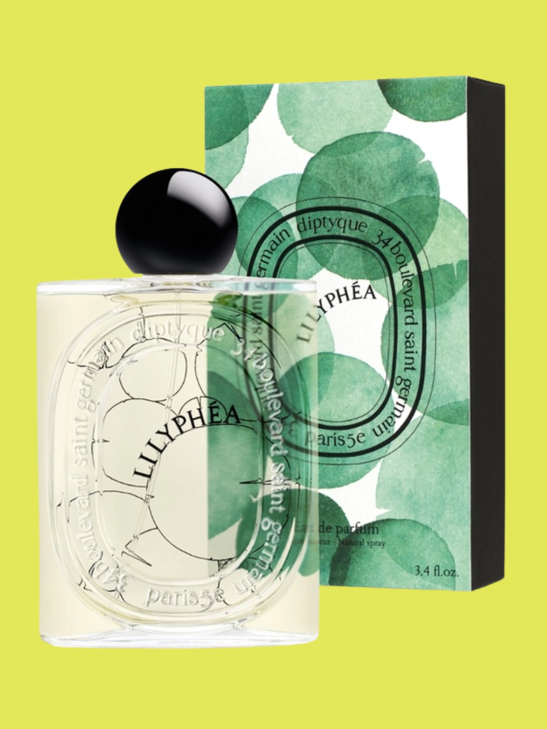 A glass bottle of lily pad scented perfume from Diptyque