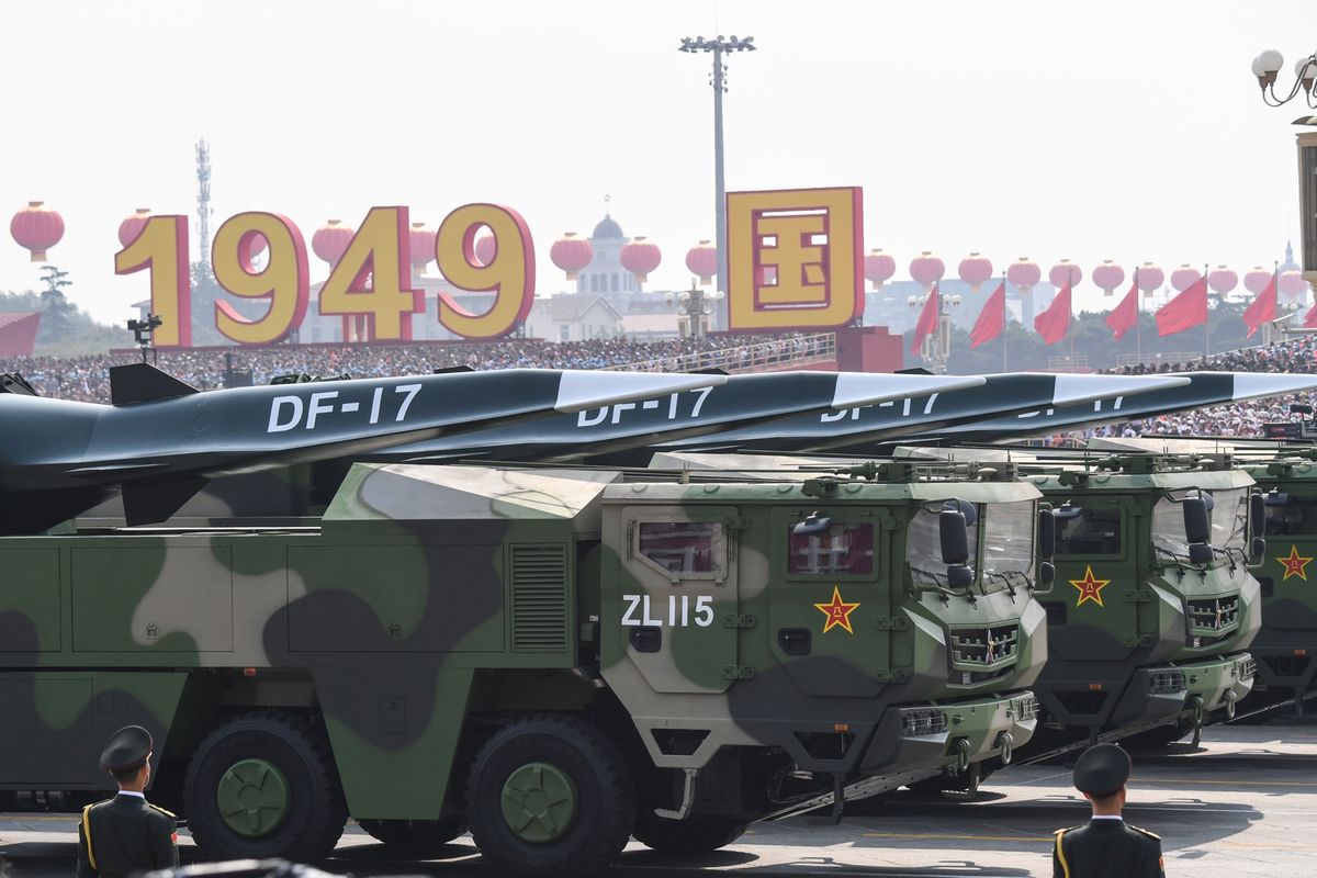 Military vehicles carrying DF-17 missiles parade through Tiananmen Square in Beijing on Oct. 1, 2019, celebrating the 70th anniversary of the founding of the Peoples Republic of China.