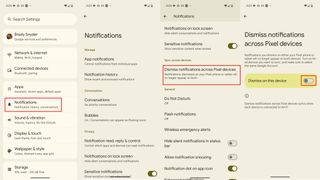 The dismiss notifications across Pixel devices settings options.