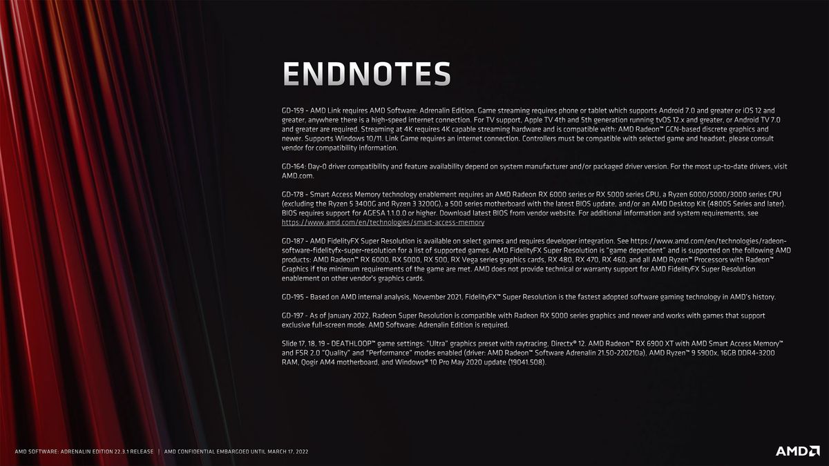 Slide deck for AMD Software Adrenalin Edition 22.3.1 with RSR and FSR 2.0