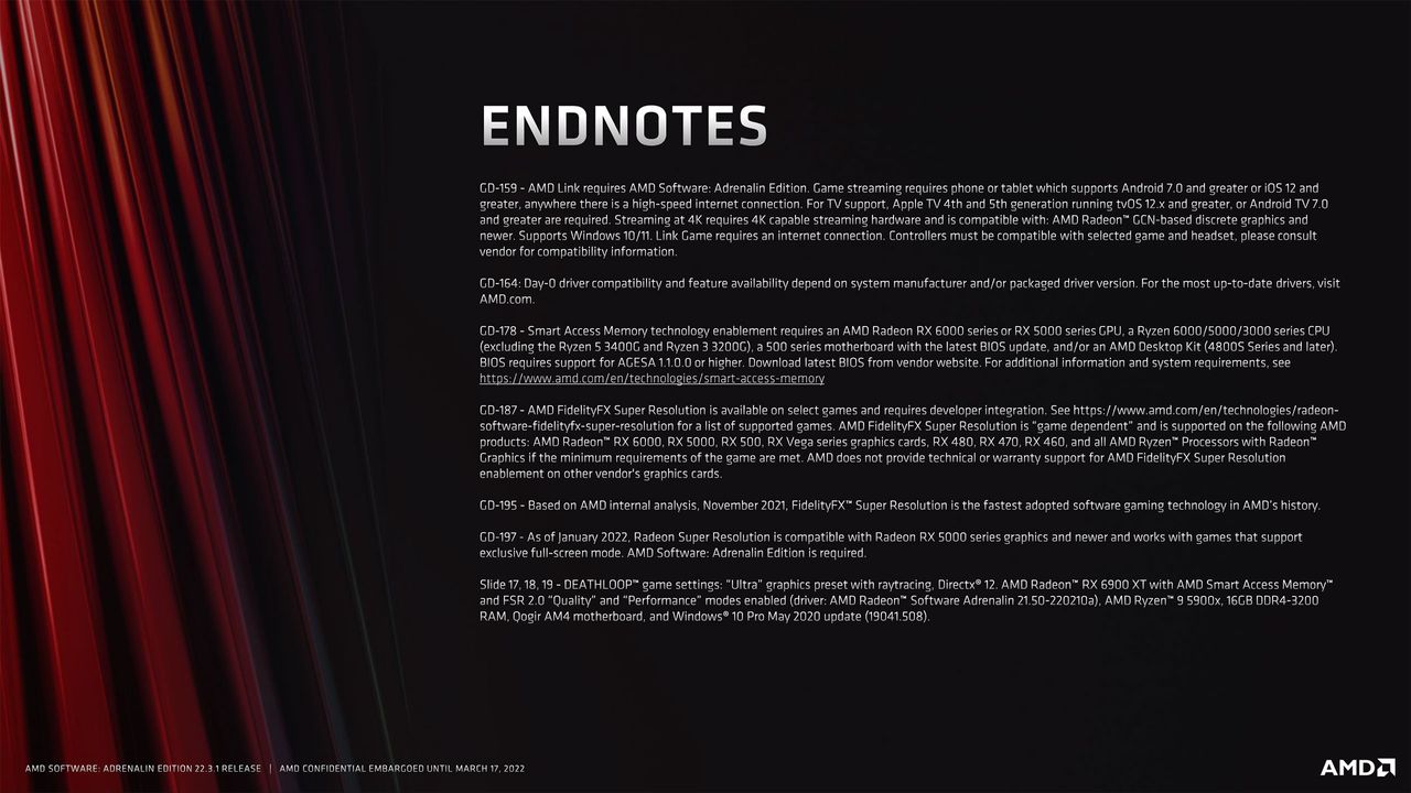 Slide deck for AMD Software Adrenalin Edition 22.3.1 with RSR and FSR 2.0