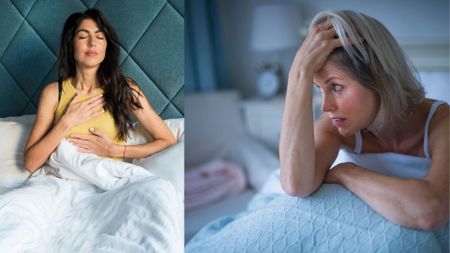 A woman awake with anxiety next to a woman practising a breathing exercise for sleep
