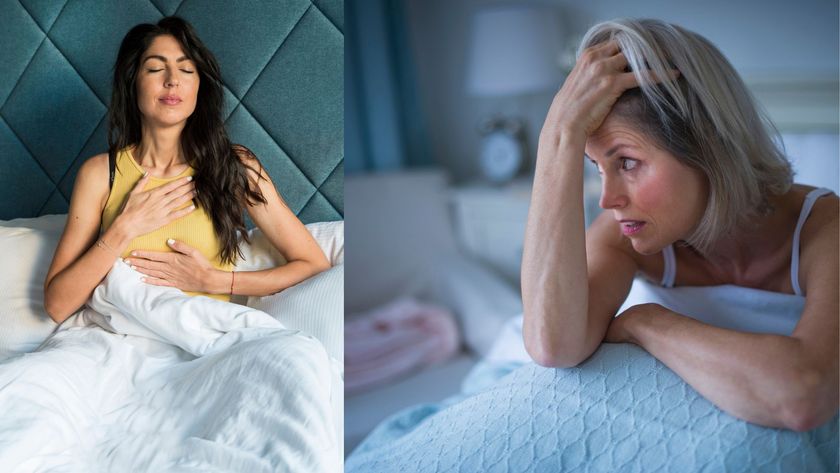 A woman awake with anxiety next to a woman practising a breathing exercise for sleep