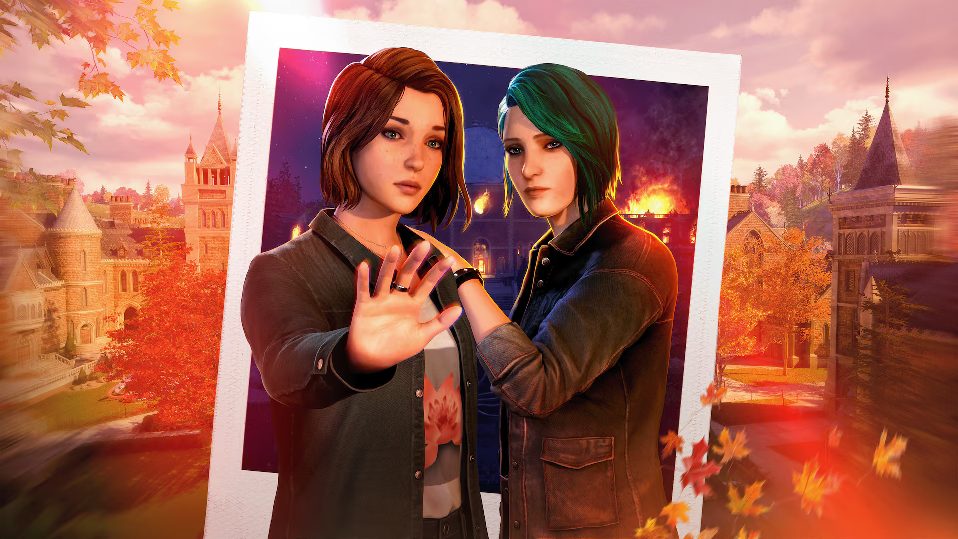Key art for Life is Strange: Reunion showing Max and Chloe standing together looking serious as Max reaches out her hand to use her time powers - the background is Caledon University in fall, overlaid with a polaroid photograph of it in flames
