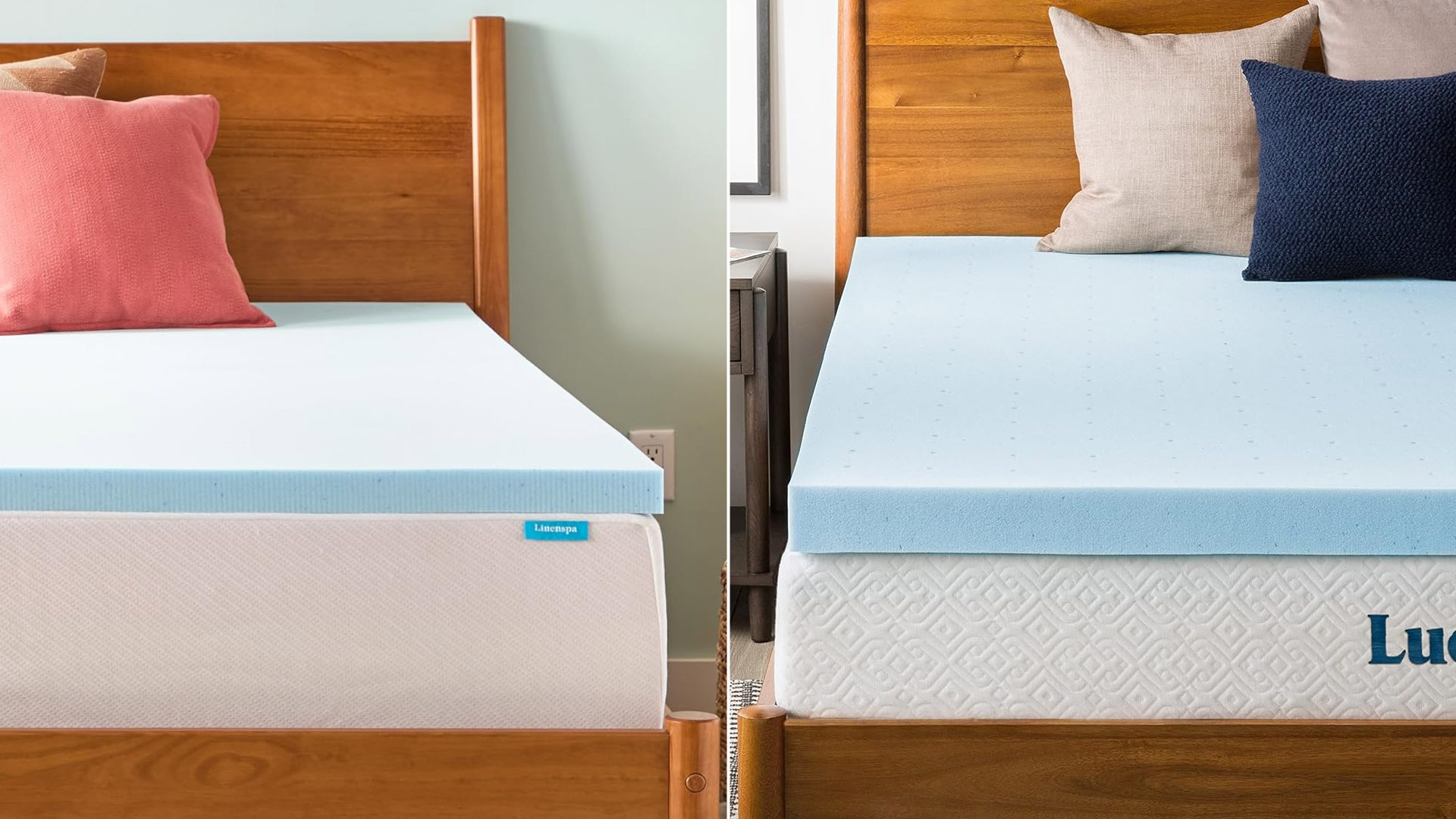 Composite image of Linenspa and Lucid mattress toppers, both on beds with cushions on top
