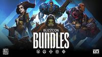 Digital art featuring a demon witch, a space marine, a cyborg, and an orc warrior with the text BlizzCon Bundles and game icons on a blue geometric background.
