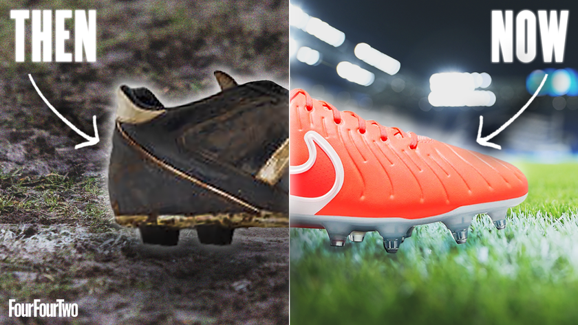 A side on image of a football boot split in two. The left hand size features a muddy leather Adidas Copa Mundial on a muddy Sunday League pitch, the right hand side is a bright red modern Nike boot on pristine grass inside a professional stadium