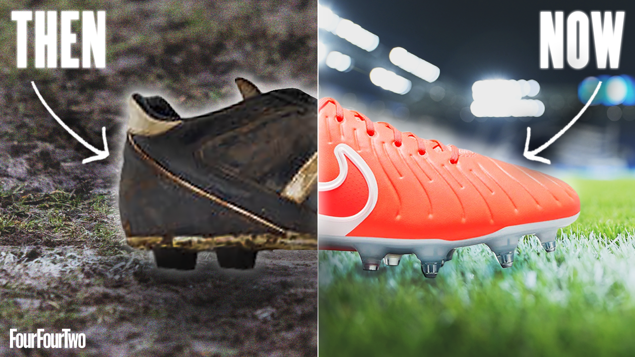 A side on image of a football boot split in two. The left hand size features a muddy leather Adidas Copa Mundial on a muddy Sunday League pitch, the right hand side is a bright red modern Nike boot on pristine grass inside a professional stadium