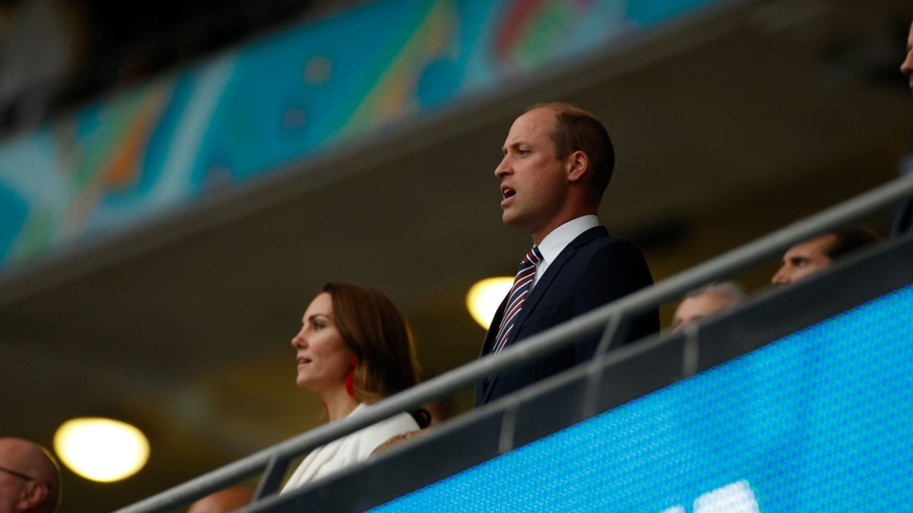 Prince William, President of the Football Association along with Catherine, Duchess of Cambridge sing the national anthem prior to the UEFA Euro 2020 Championship Final between Italy and England at Wembley Stadium on July 11, 2021 in London, England.