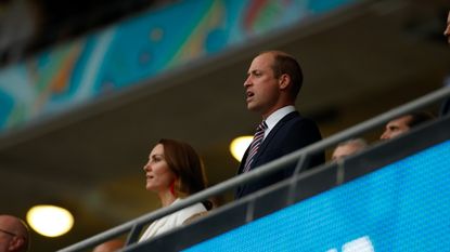Prince William, President of the Football Association along with Catherine, Duchess of Cambridge sing the national anthem prior to the UEFA Euro 2020 Championship Final between Italy and England at Wembley Stadium on July 11, 2021 in London, England.