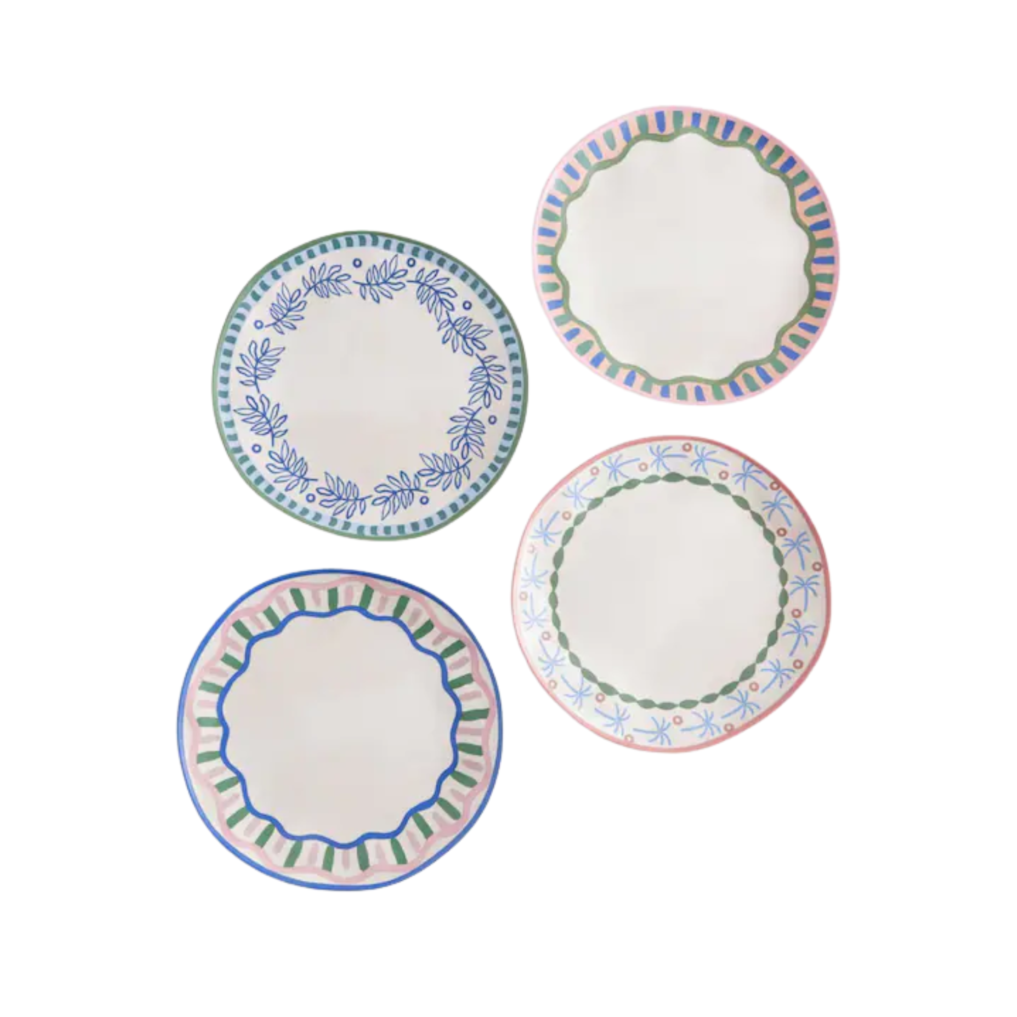 set of four plates with decorative rims with colorful motifs in blue, pink, green and white