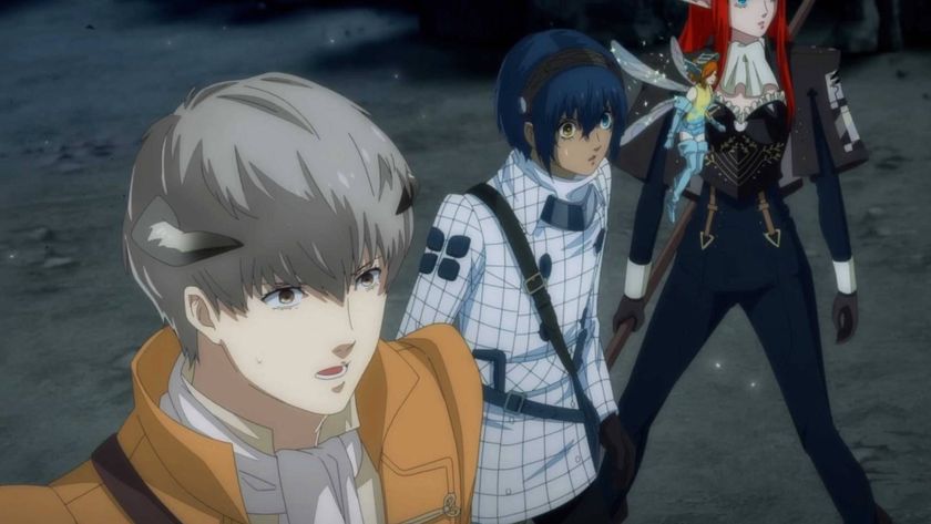 Metaphor: ReFantazio anime cutscene screenshot shows Strohl, the protagonist, Gallica, and Hulkenberg looking ahead with shocked expressions.