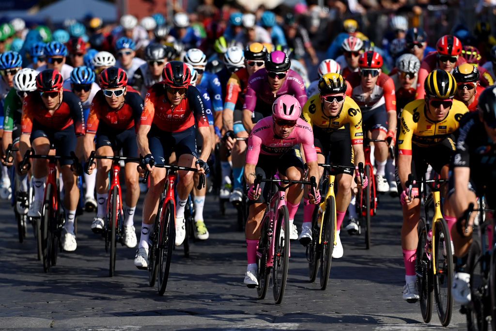 ROME ITALY MAY 28 LR Laurens De Plus of Belgium and Team INEOS Grenadiers and Primo Rogli of Slovenia and Team JumboVisma Pink Leader Jersey compete during the 106th Giro dItalia 2023 Stage 21 a 126km stage from Rome to Rome UCIWT on May 28 2023 in Rome Italy Photo by Tim de WaeleGetty Images