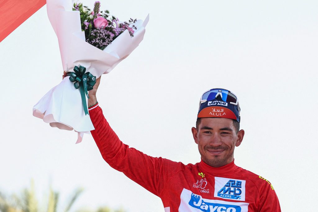 Caleb Ewan (Jayco-AlUla) holds the first leader's red jersey of the race