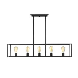 A black rectangular pendant light fixture with five bulbs on the bottom line of it
