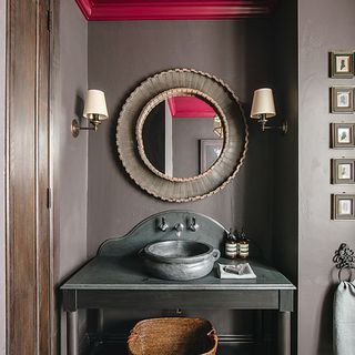 Brown painted downstairs loo with red ceiling