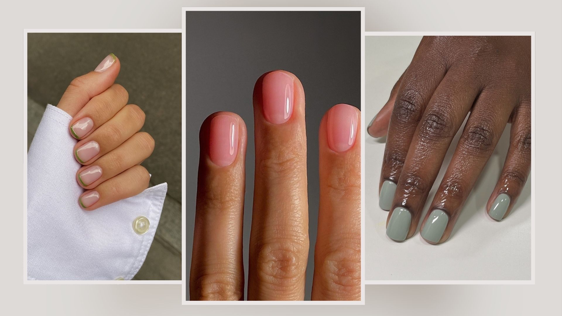 A collage of spring nail colours, including a Green French tip manicure, sheer pink nails and a muted green nail polish colour